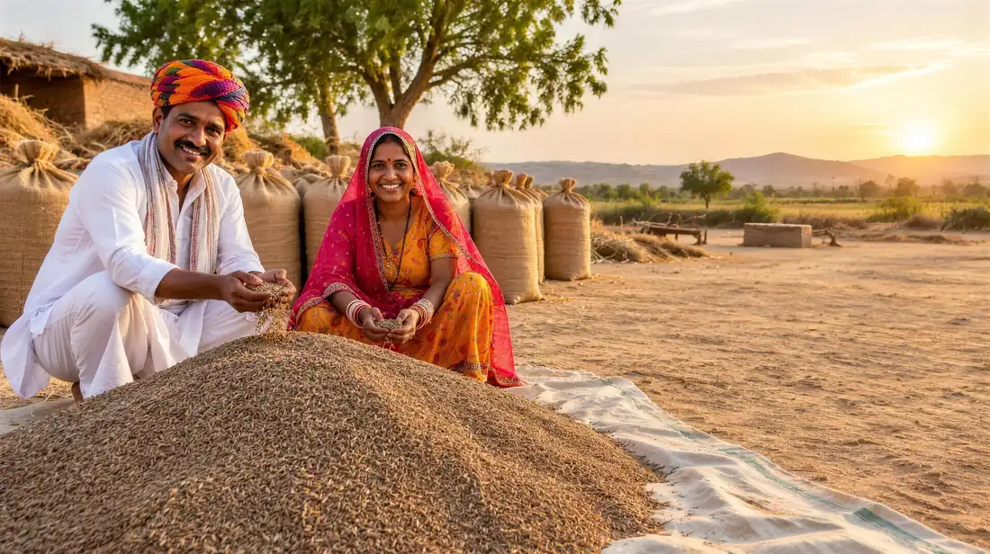 जीरे की फसल के साथ राजस्थान का किसान परिवार